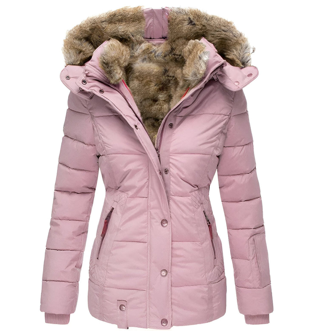 Pink hooded quilted winter coat, front view