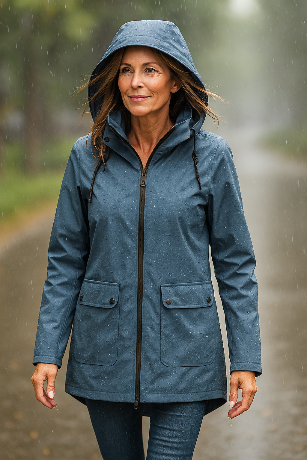 Hooded rain coat, front view