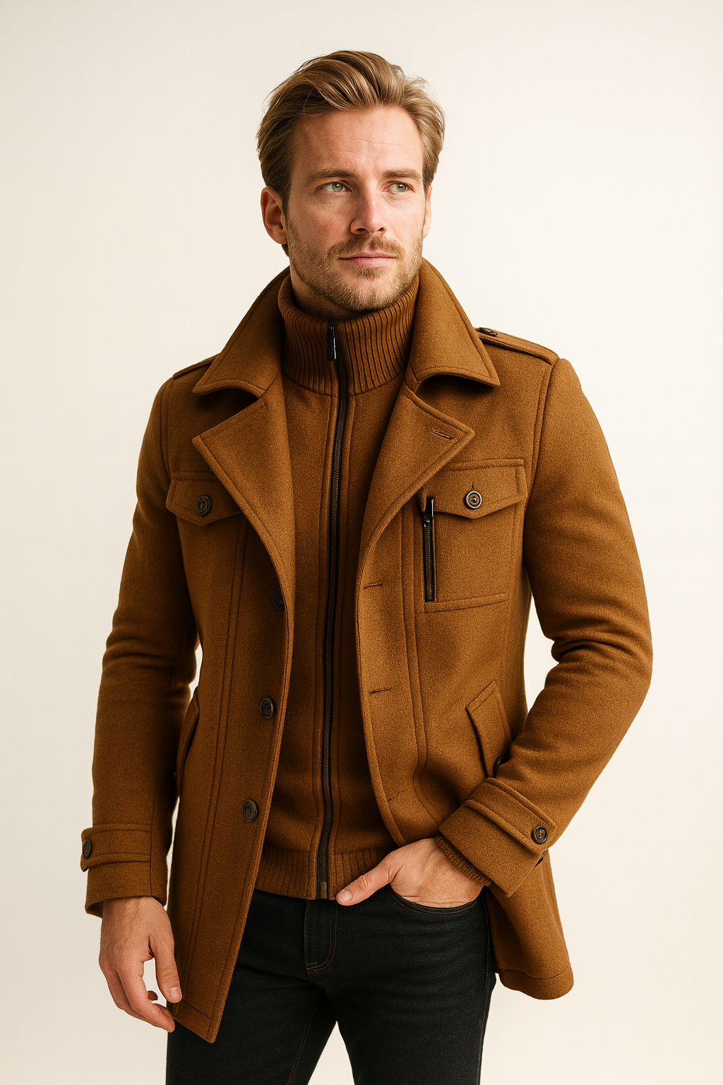 Man wearing the camel tailored wool blend overcoat