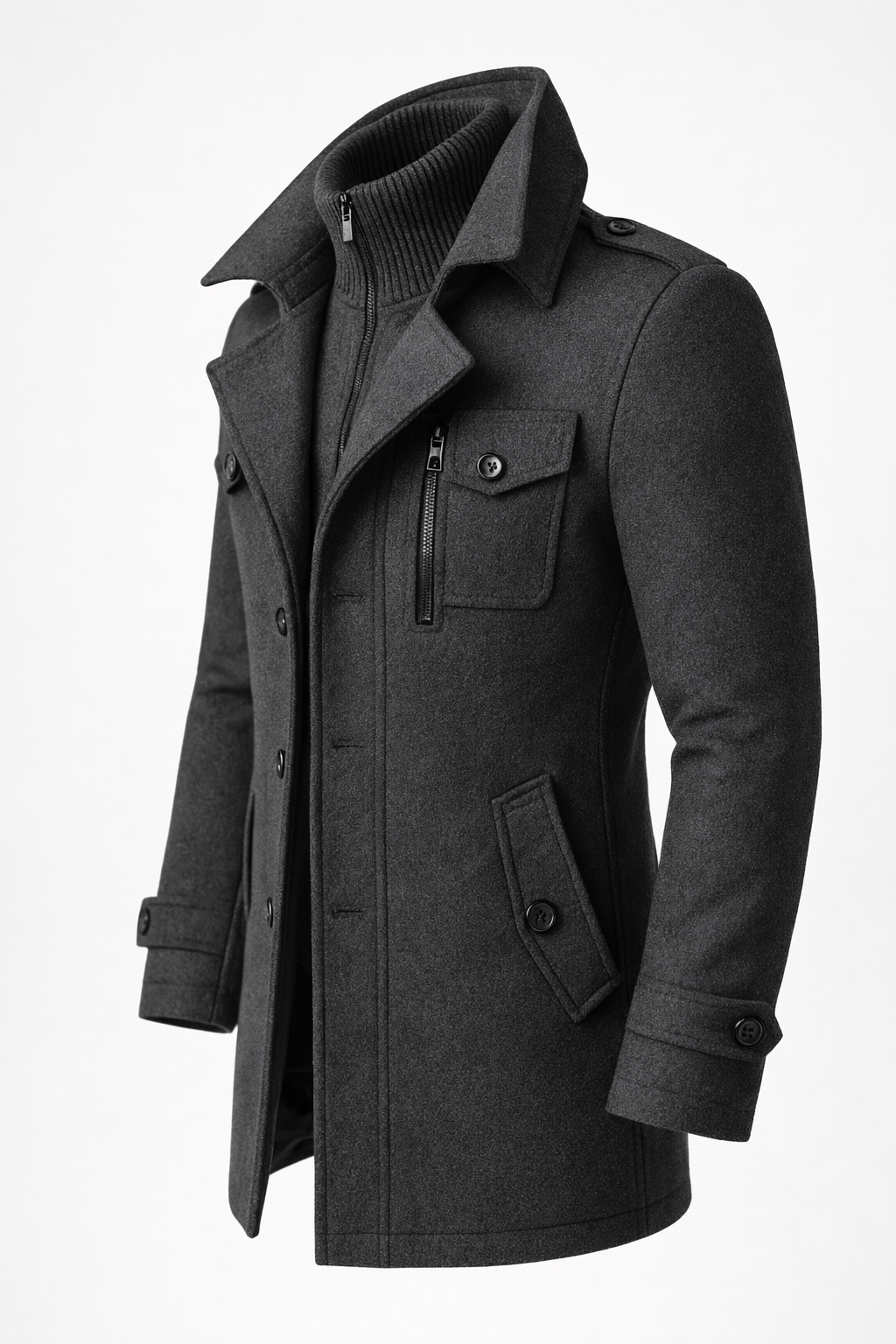 Grey tailored wool blend overcoat, side view