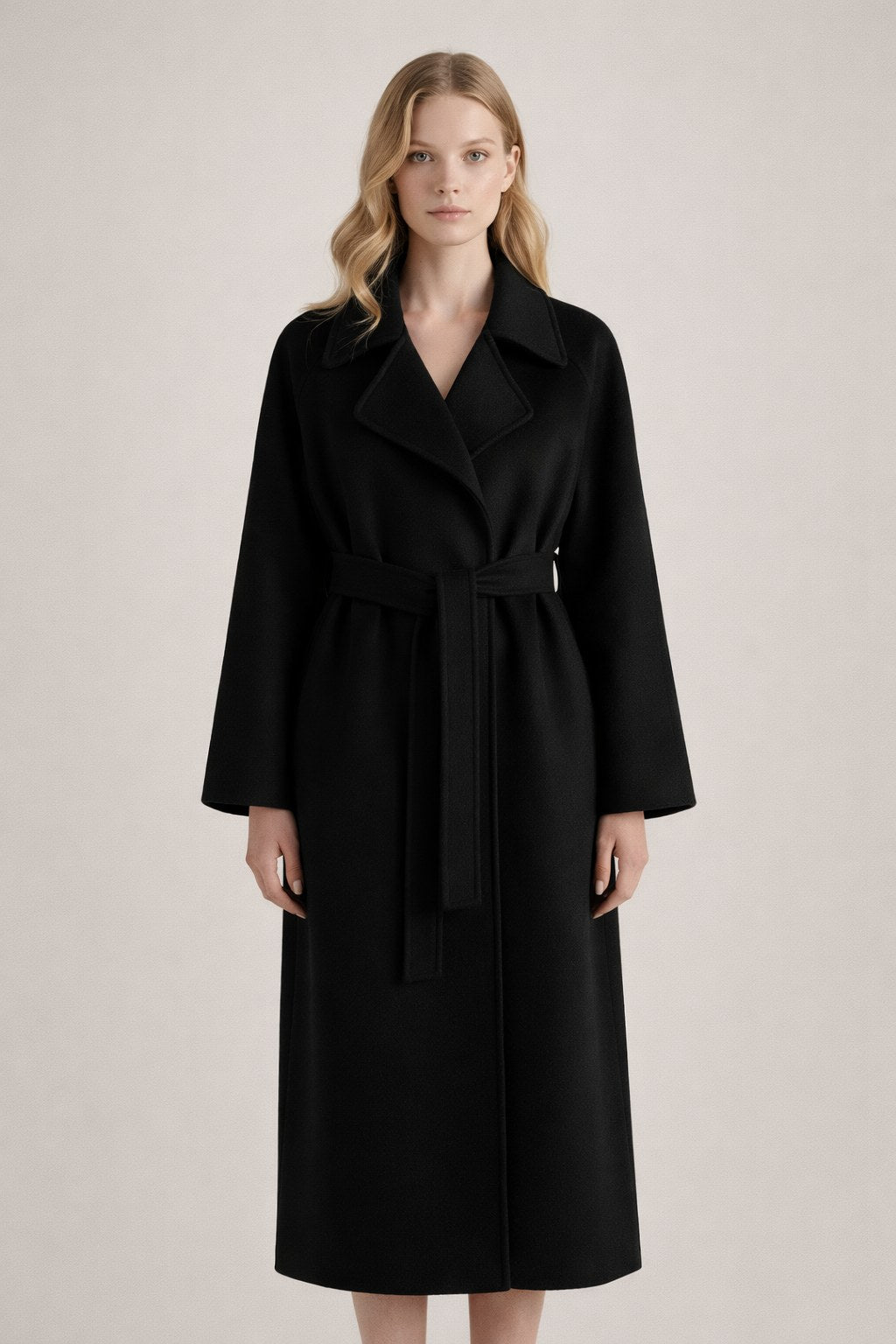 Women's Belted Long Coat with Lapel Collar and Side Pockets 12