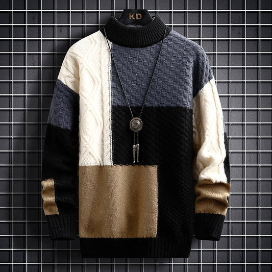 Men's colour block cable knit pullover in black with cream, navy and tan panels