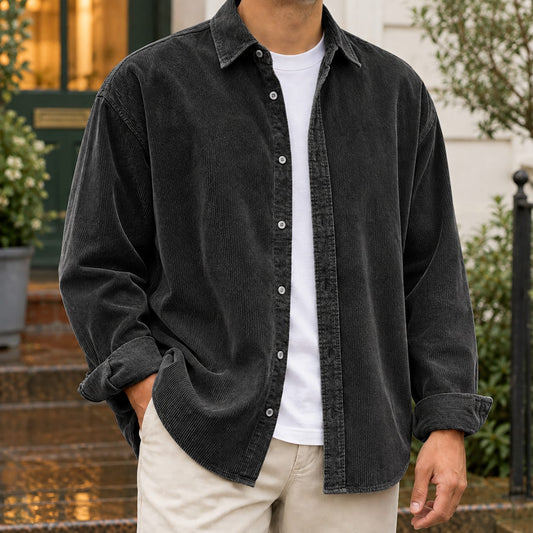 Black corduroy overshirt with pointed collar