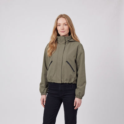 Short Women's Raincoat with Hood, Cropped Boxy Rain Jacket with Slanted Zip Pockets