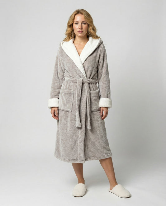 Hooded Fleece Dressing Gown for Women with Sherpa Trim 2