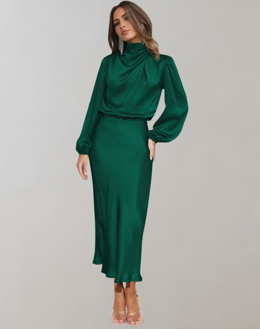 Dark green satin midi dress with cowl neck and bishop sleeves
