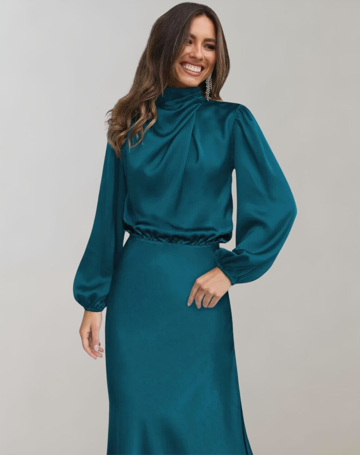 Teal satin midi dress with cowl neck and bishop sleeves