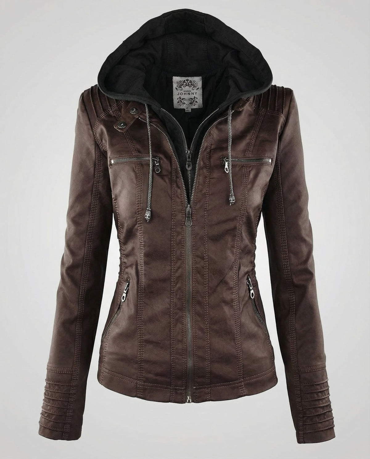 Brown hooded faux leather jacket, front view