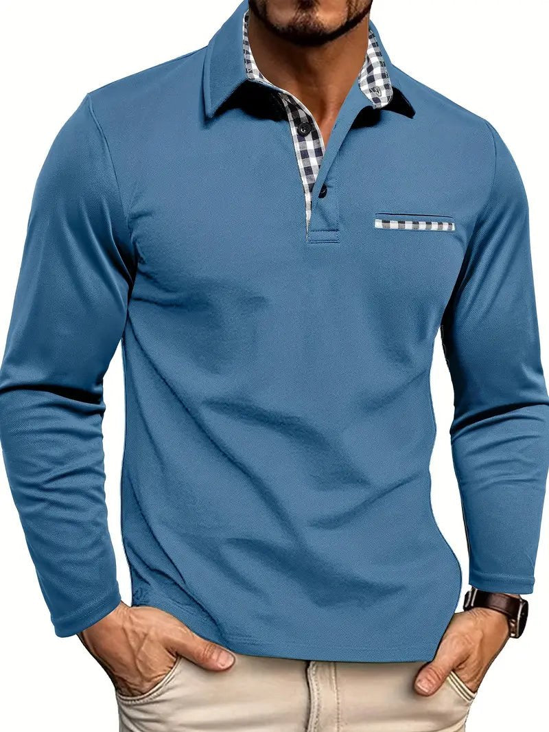 Men's Long Sleeve Polo Shirt with Check Contrast Collar 4