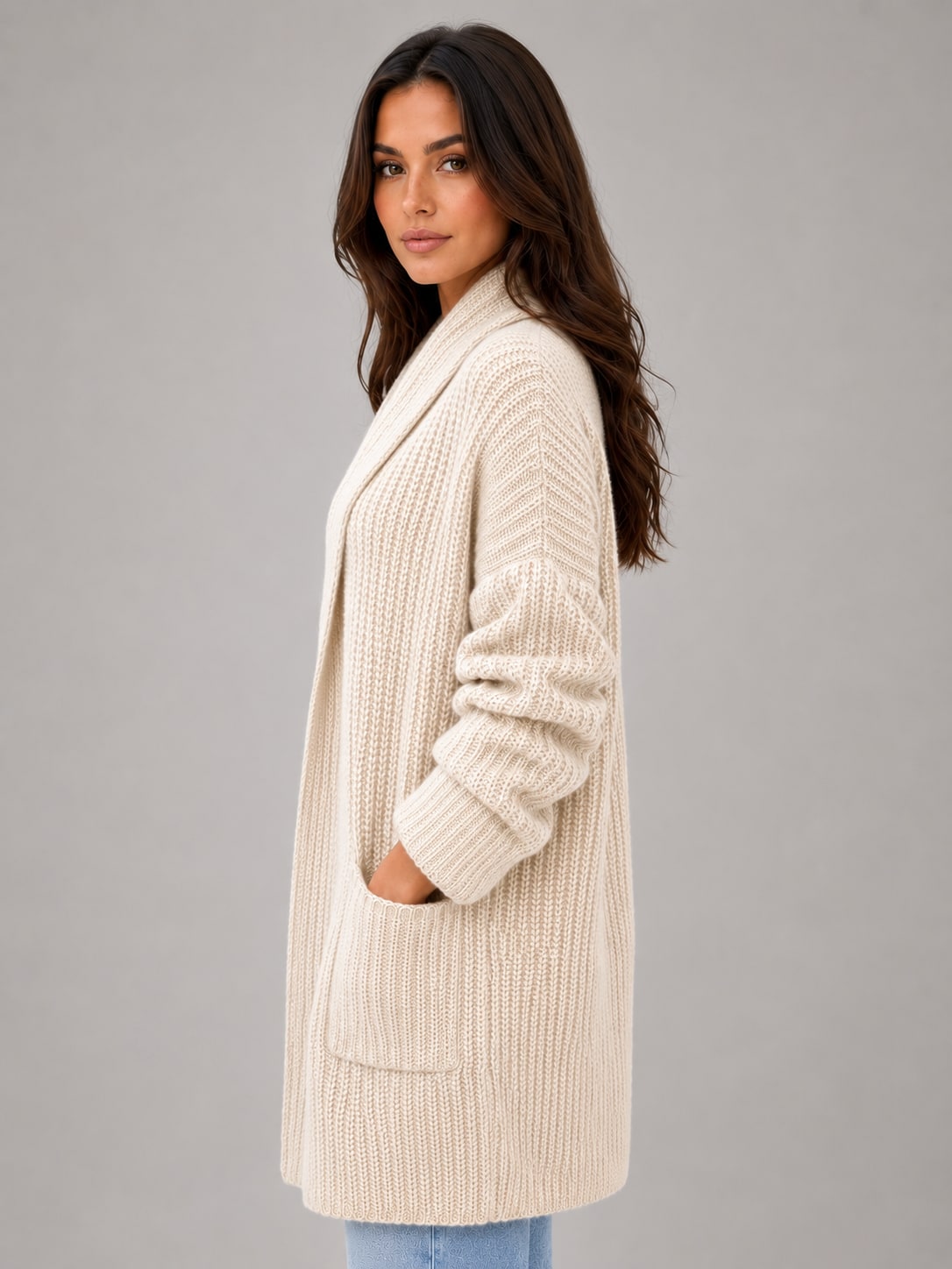 Side view of the beige longline cardigan showing the relaxed length
