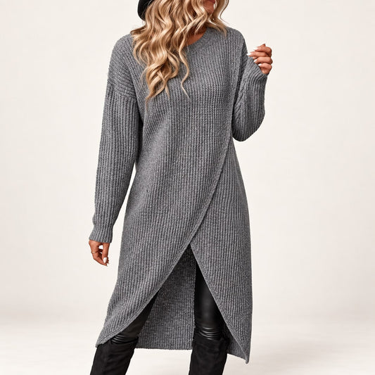 Grey ribbed knit midi jumper dress with wrap front hem, front view