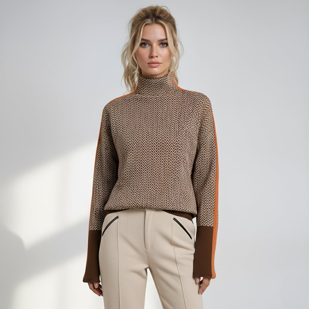 Fleece Soft Roll Neck Jumper, Chevron Knit with Stripes 6
