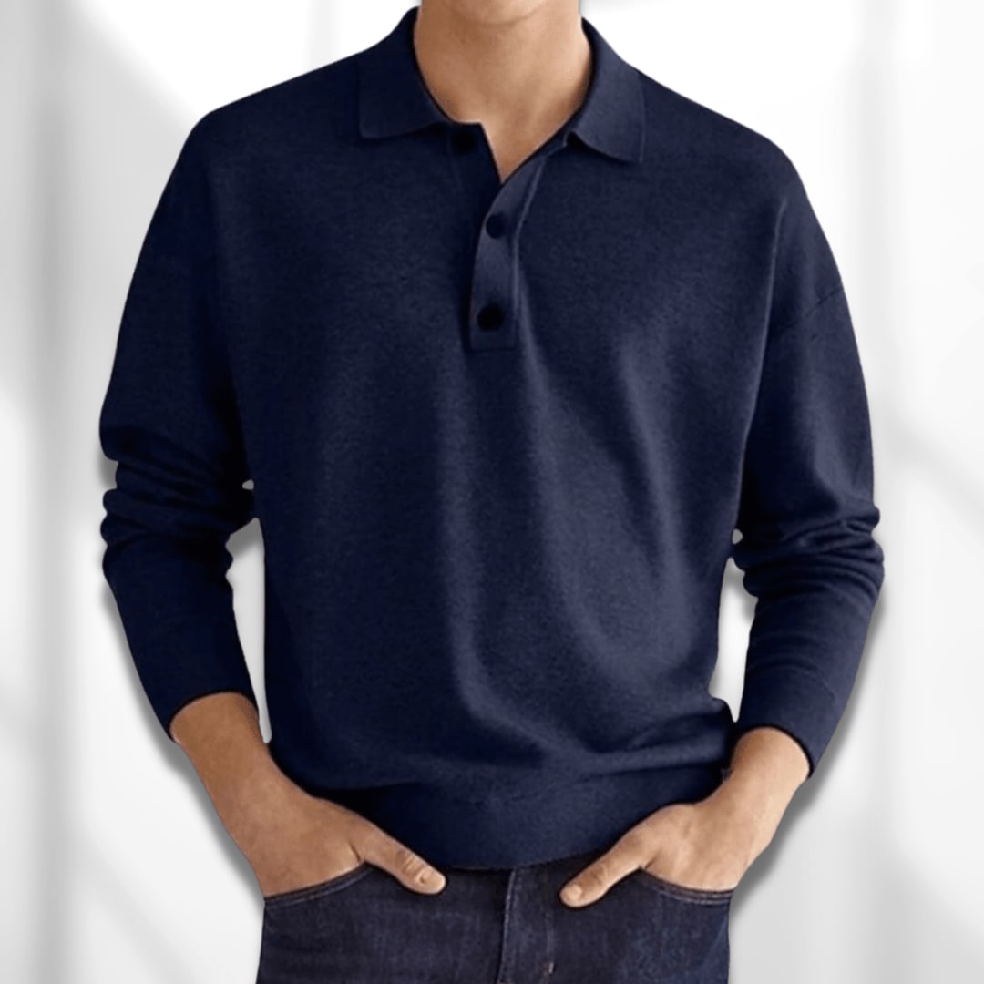 Long sleeve knit polo shirt in navy