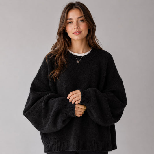 Women Jumper Round Neck Knit with Drop Shoulders and Splits 2