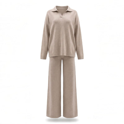 Womens Tracksuit, Knit Lounge Set with Oversized Polo Jumper and Wide Leg Trousers