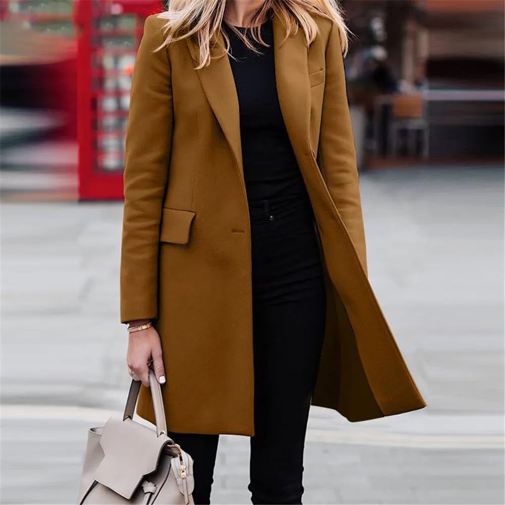 Women's camel knee length winter coat with lapel collar and flap pockets
