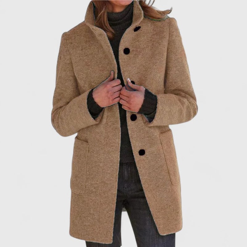 Camel elegant mid-length wool coat with stand collar