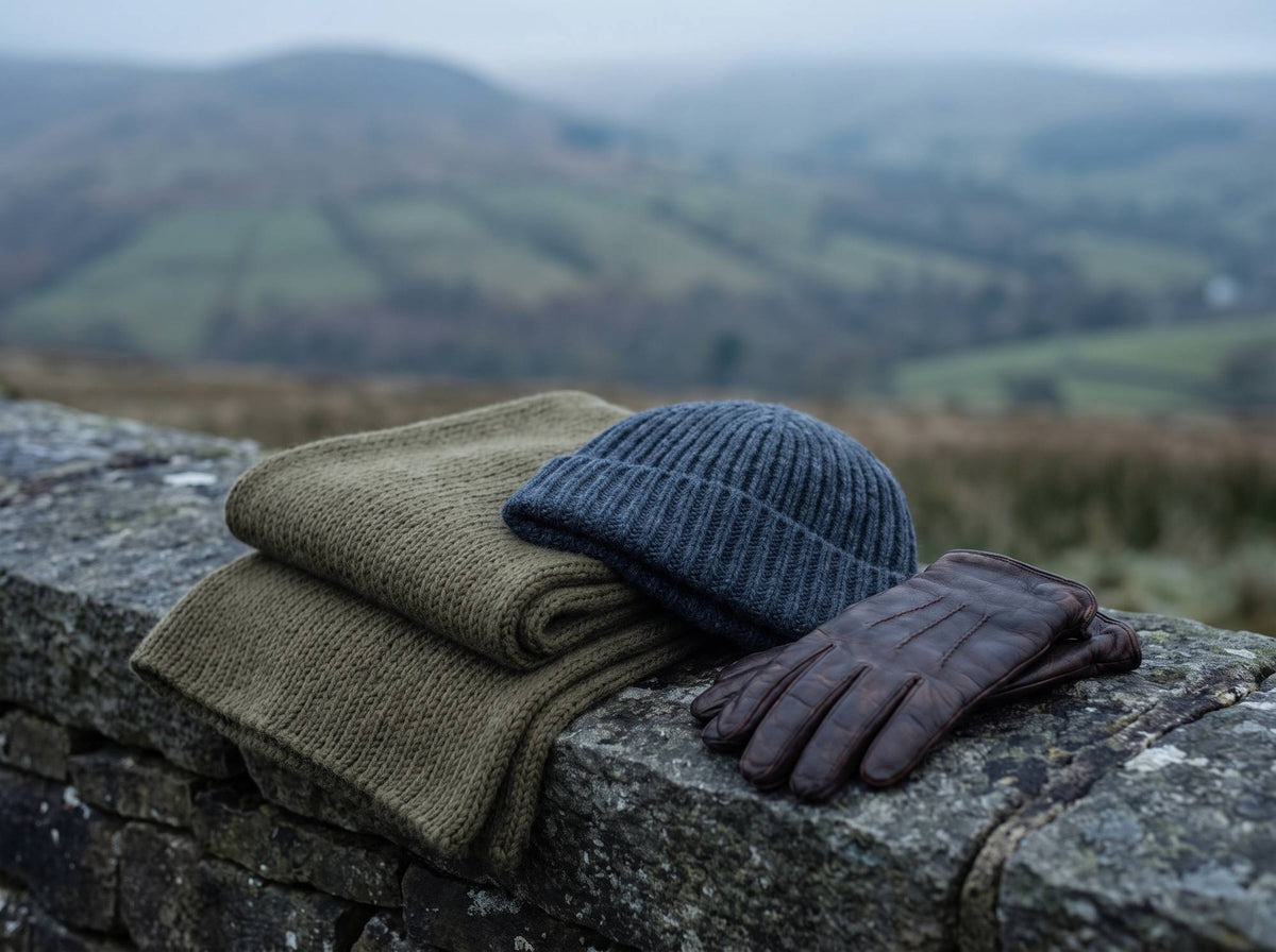 Olive wool scarf, navy knit beanie and leather gloves on a dry stone wall in the hills