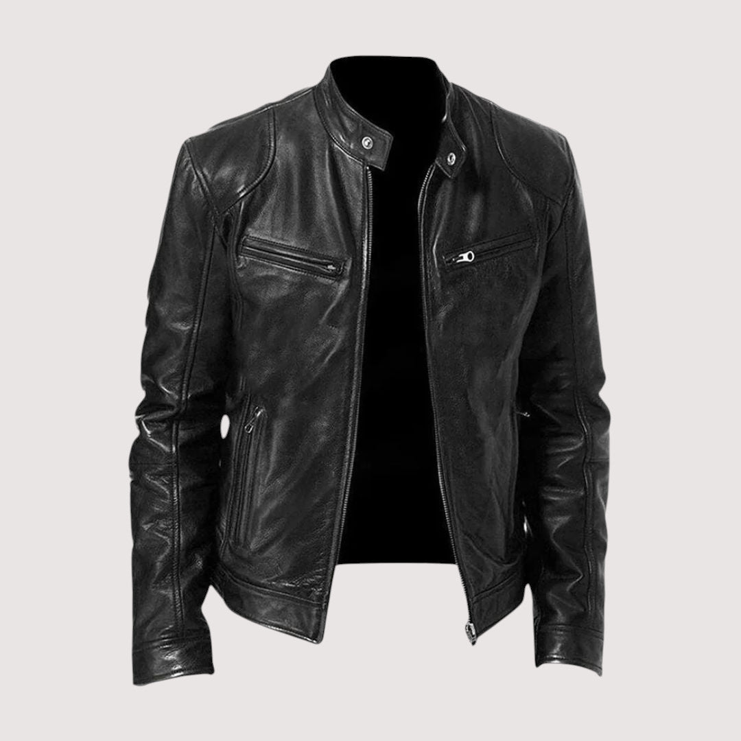 Black classic biker leather jacket, front view