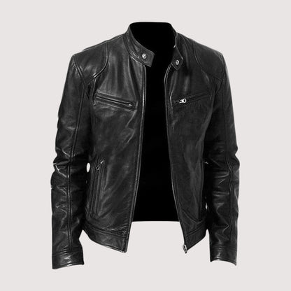 Black classic biker leather jacket, front view