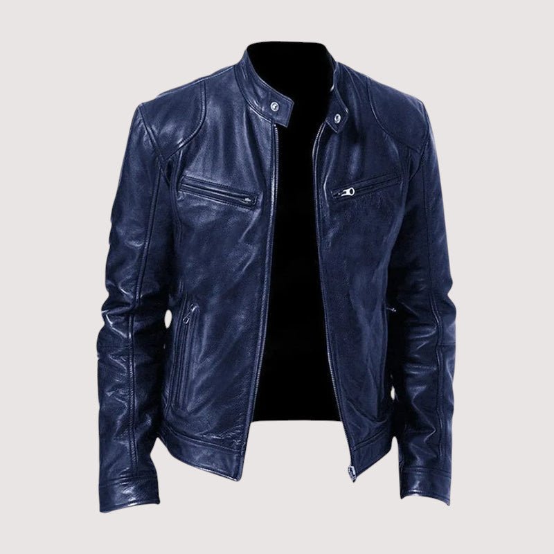 Dark blue classic biker leather jacket, front view