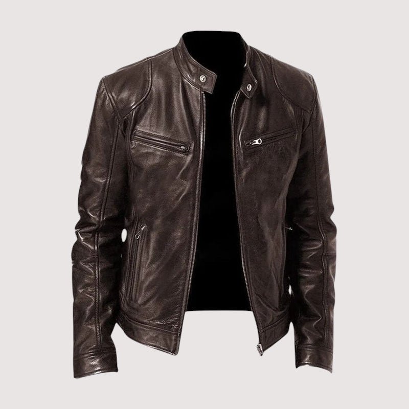 Dark brown classic biker leather jacket, front view