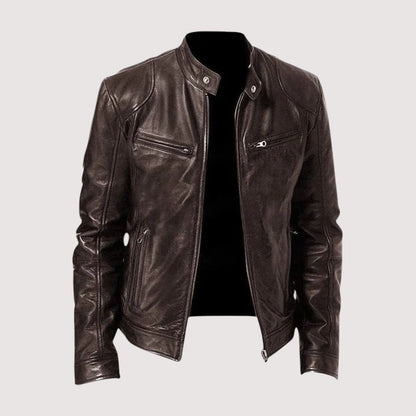 Dark brown classic biker leather jacket, front view