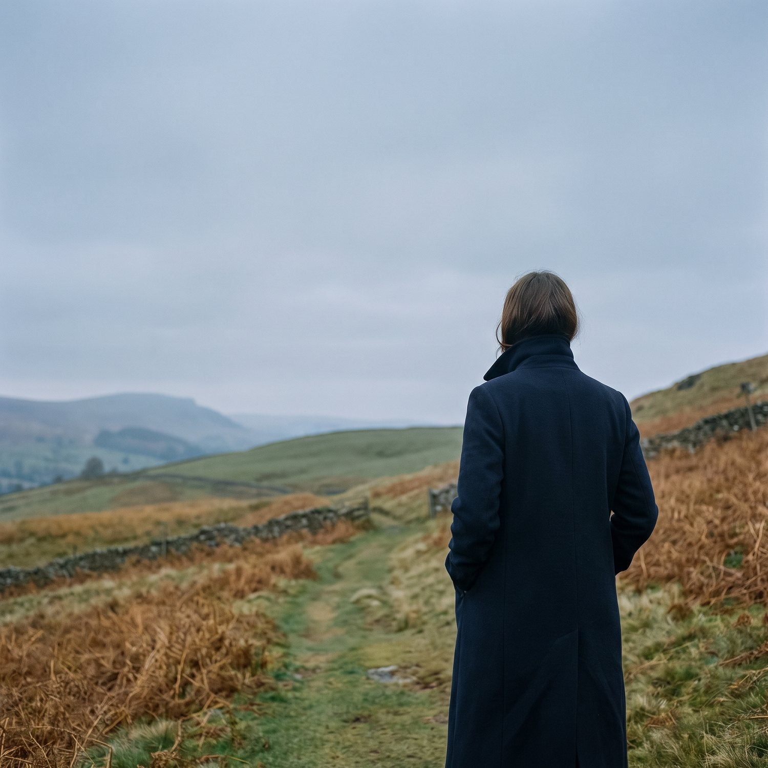 Woman in a long navy winter coat looking out over the hills, seen from behind