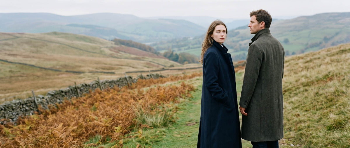 Woman and man in navy and olive winter coats on a stone path in the British hills