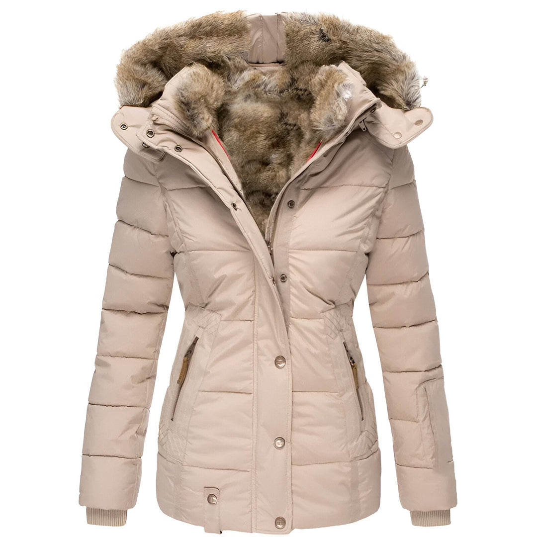 Beige hooded quilted winter coat, front view