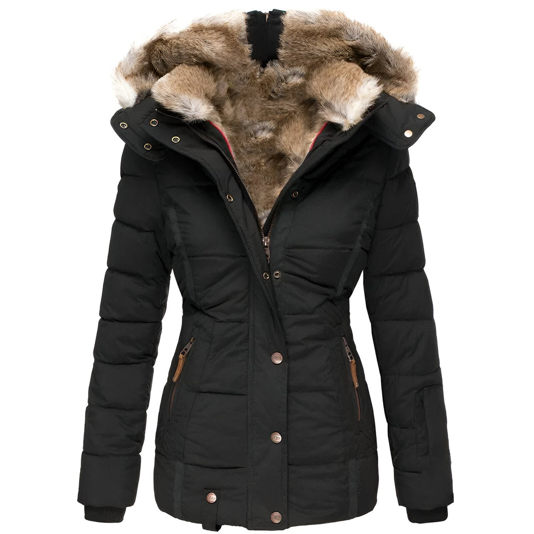 Black hooded quilted winter coat, front view