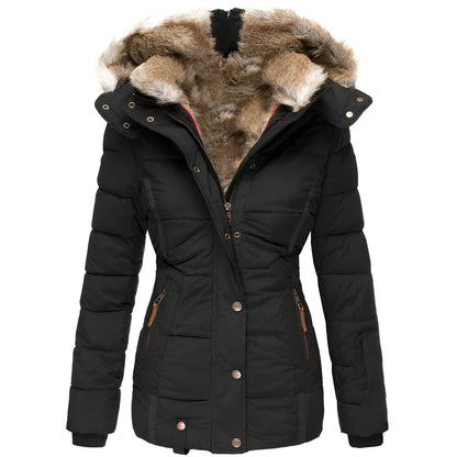 Black hooded quilted winter coat, front view