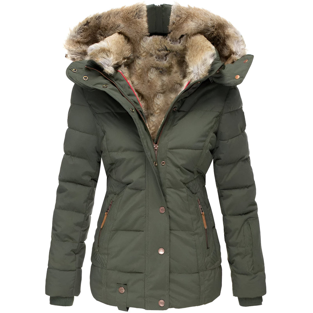 Green hooded quilted winter coat, front view