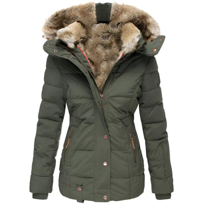 Green hooded quilted winter coat, front view