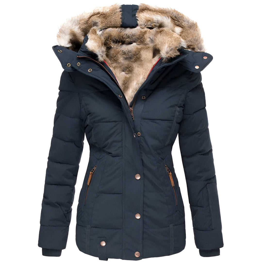 Navy hooded quilted winter coat, front view