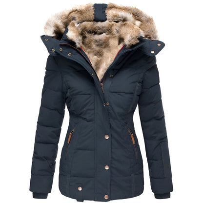 Navy hooded quilted winter coat, front view