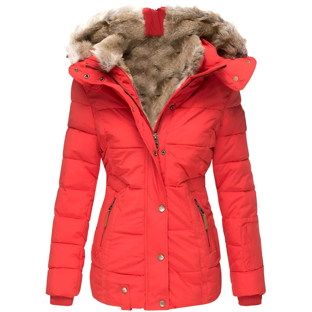 Red hooded quilted winter coat, front view