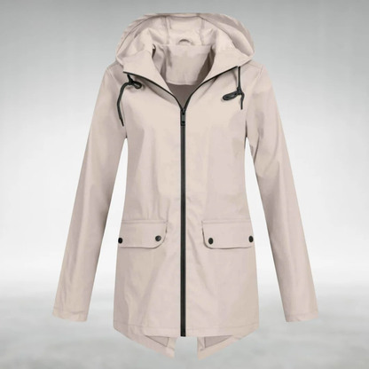 Beige hooded rain coat
