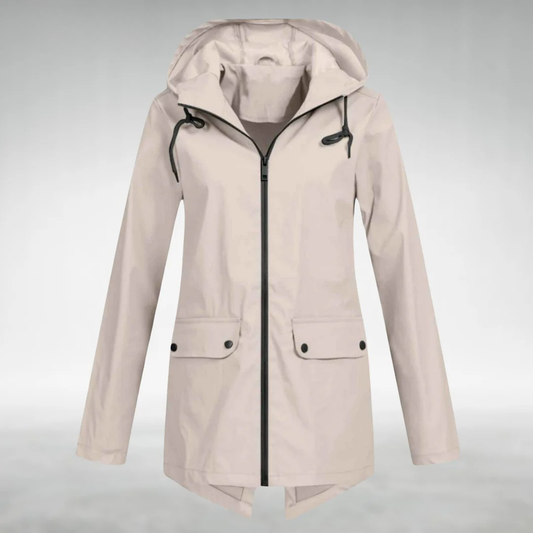 Beige hooded rain coat