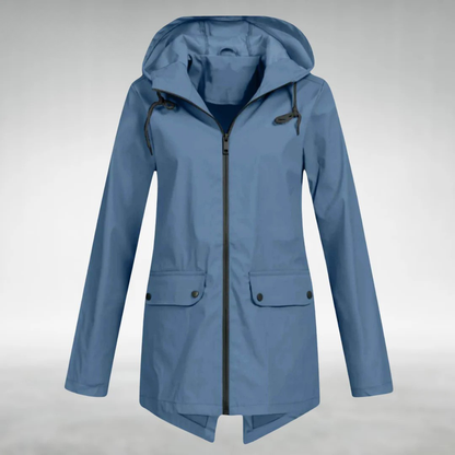 Blue hooded rain coat