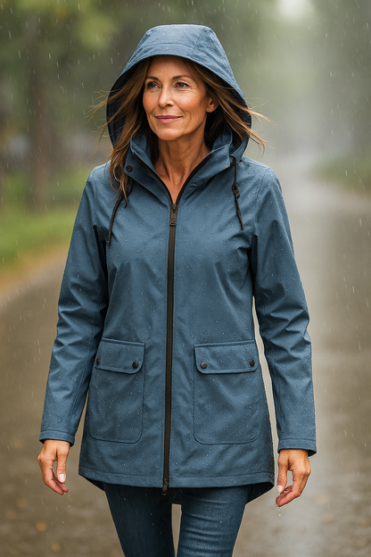 Hooded rain coat, front view