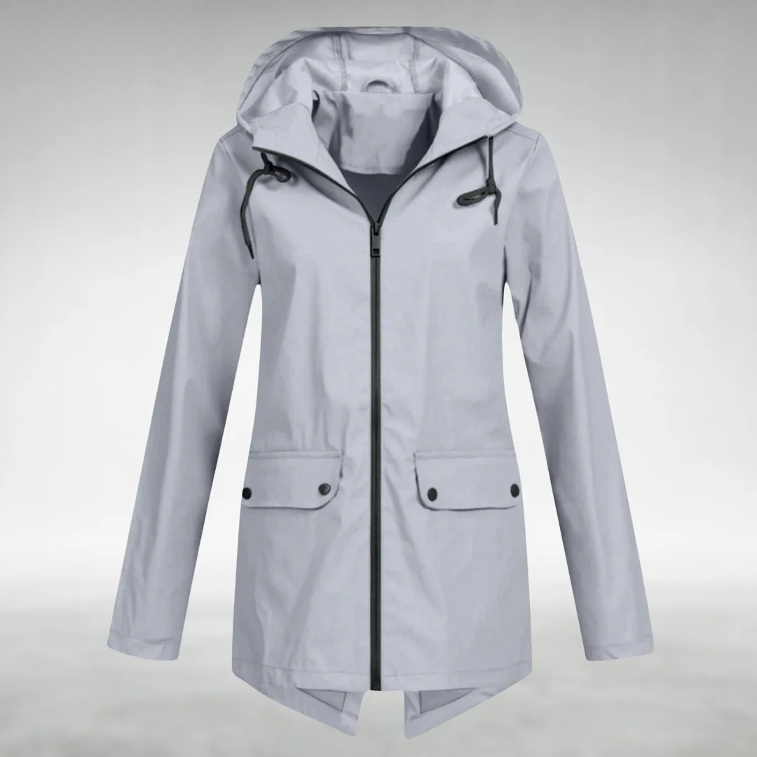 Grey hooded rain coat