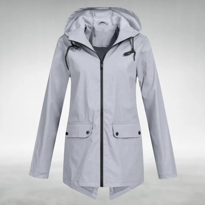 Grey hooded rain coat