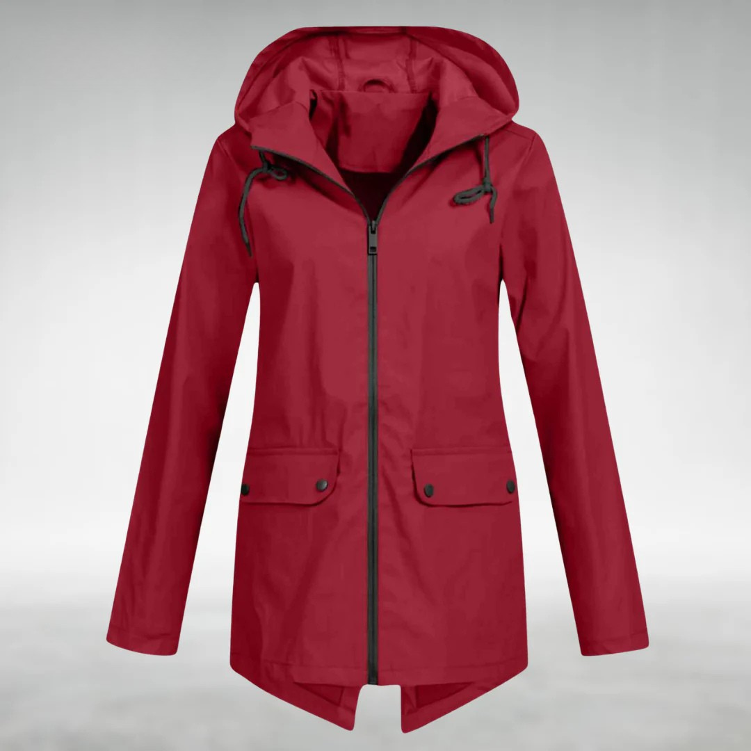 Red hooded rain coat