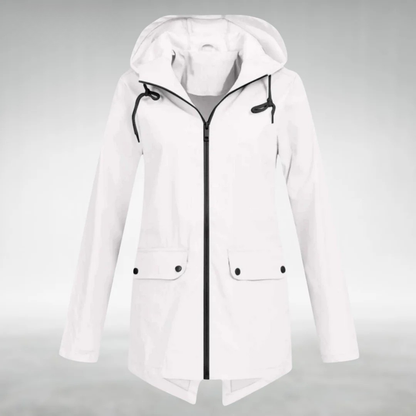 White hooded rain coat