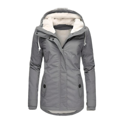 Grey hooded waterproof winter jacket, front view