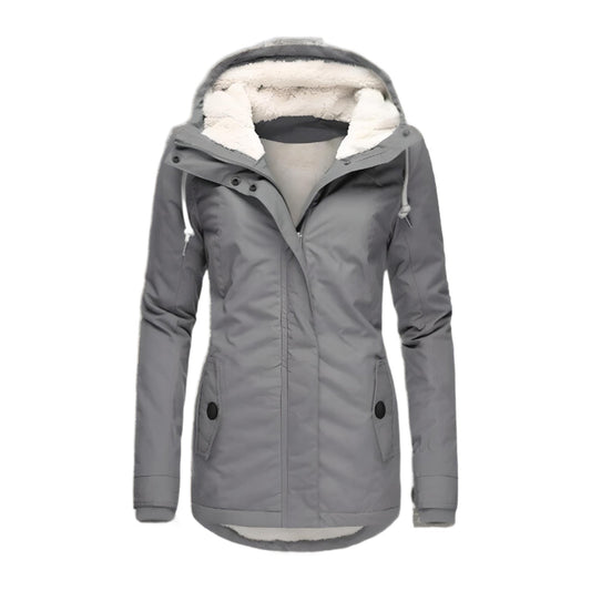 Grey hooded waterproof winter jacket, front view
