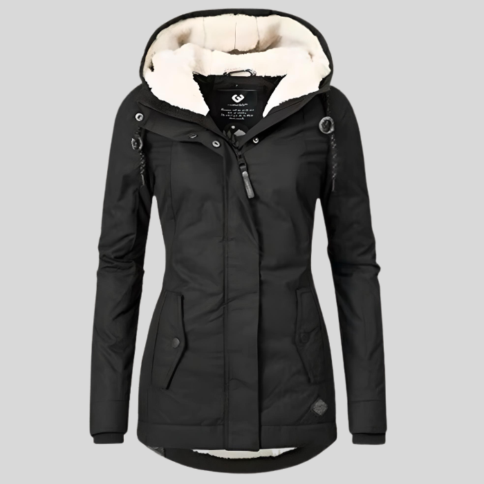 Black hooded waterproof winter jacket, front view