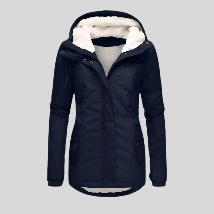 Blue hooded waterproof winter jacket, front view