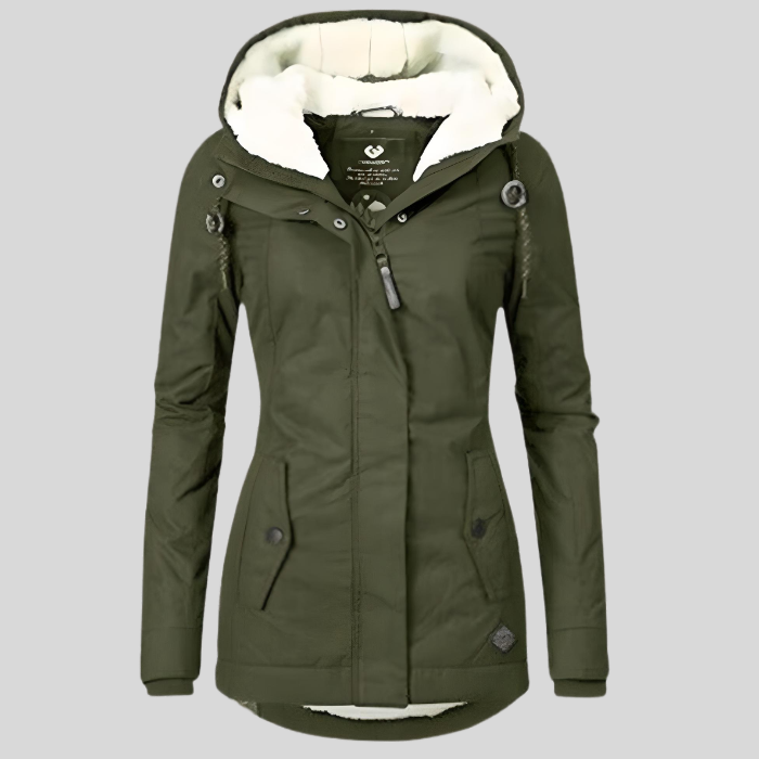 Green hooded waterproof winter jacket, front view